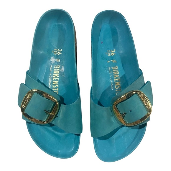 Birkenstock Big Buckle Madrid Piled Leather Sandals Biscay Bay/Gold Sz 36 Narrow - Picture 2 of 3